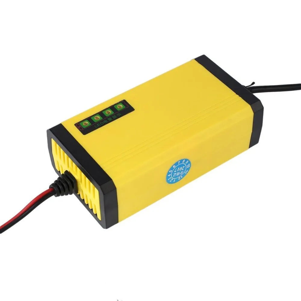 Yellow ABS motorcycle battery charger with alligator clips and 80cm input cable on a white background
