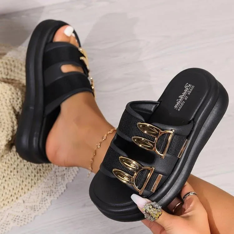 Women's suede slippers with thick rubber sole in apricot, black, and milky white colours