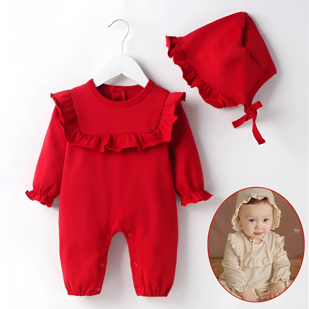Mombei beige Isabella single layer cotton baby girl romper with long sleeves on white background