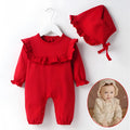 Mombei beige Isabella single layer cotton baby girl romper with long sleeves on white background