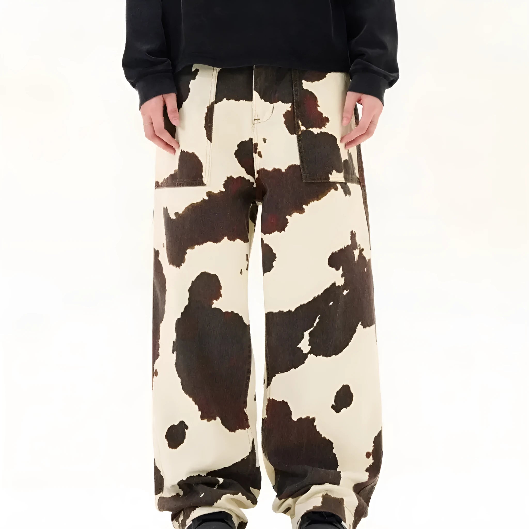 Men's straight-leg trousers with American retro cows pattern in cotton-polyester blend fabric