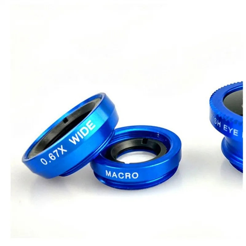 3-in-1 smartphone camera lens kit with fisheye, wide-angle and macro lenses in aluminium housing