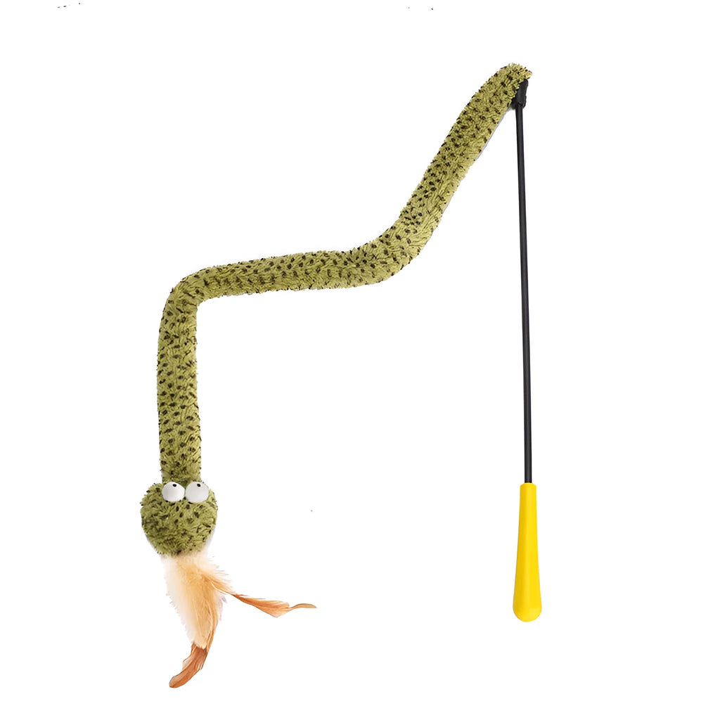 Green snake cat teasing stick with feather attachment measuring 140cm long