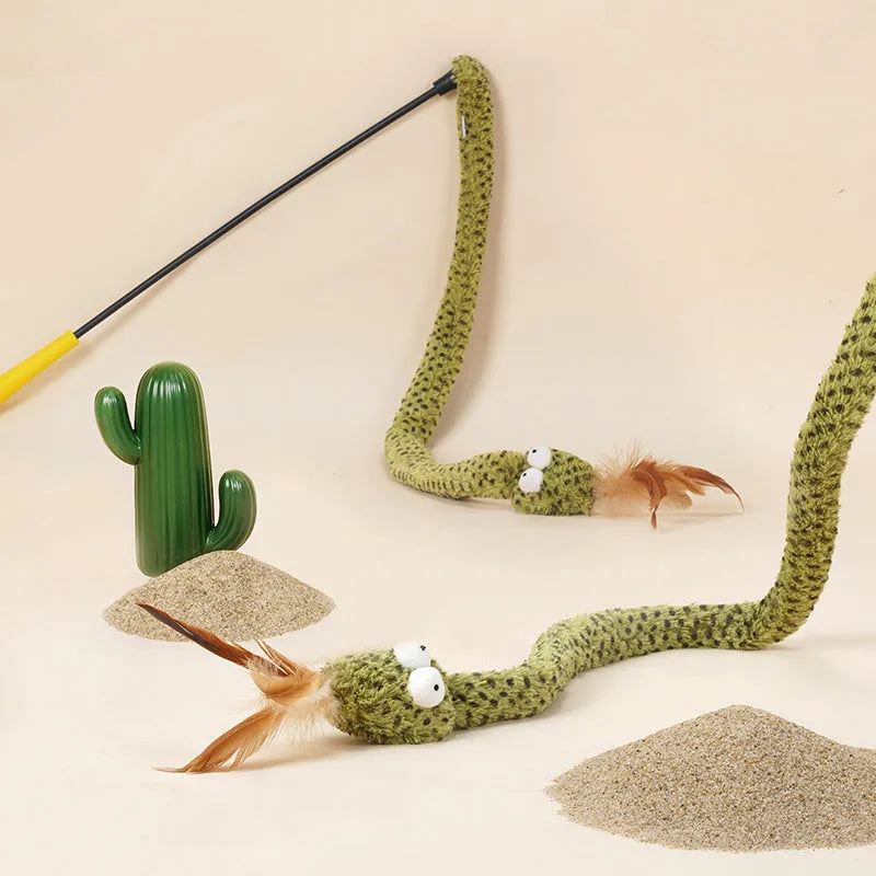 Green snake cat teasing stick with feather attachment measuring 140cm long