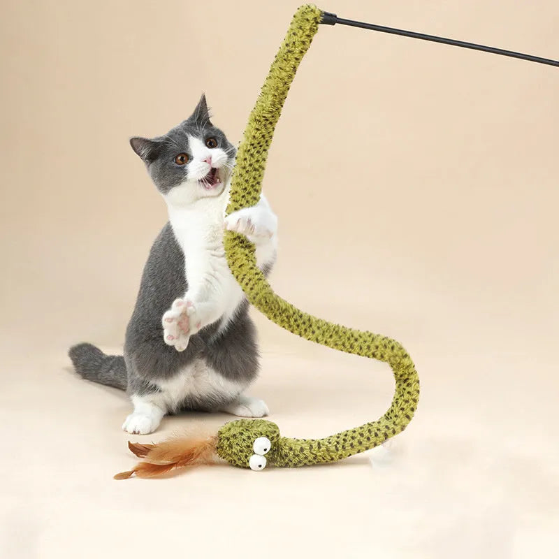 Green snake cat teasing stick with feather attachment measuring 140cm long