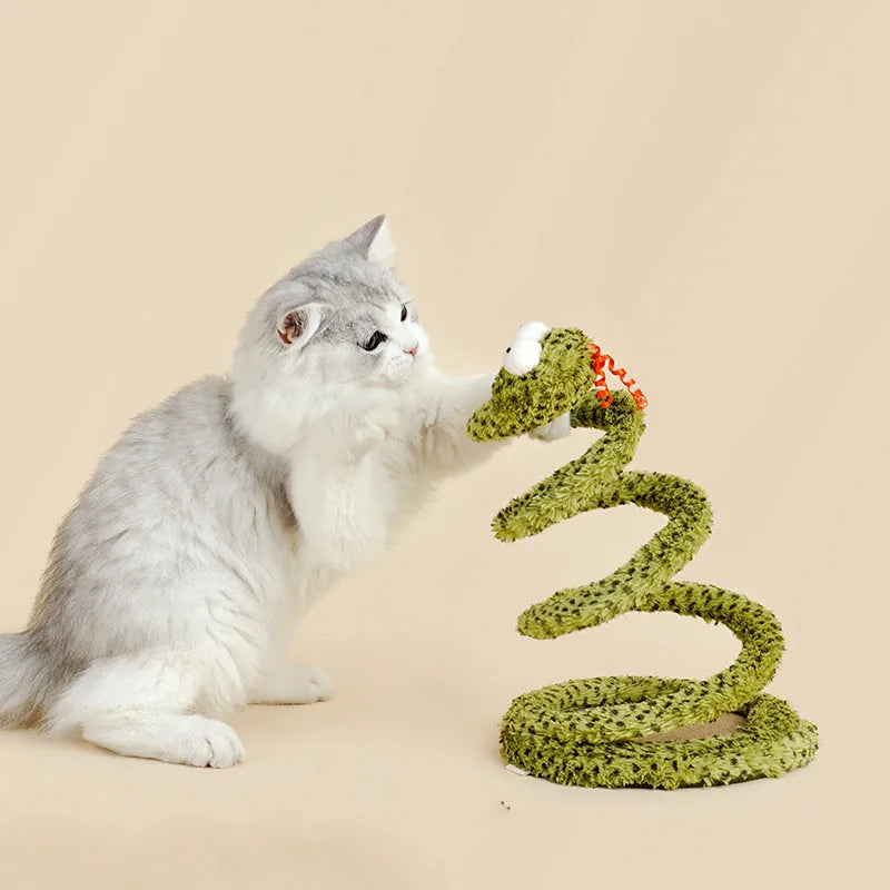 Green snake cat teasing stick with feather attachment measuring 140cm long