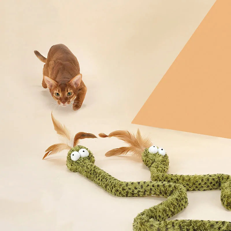 Green snake cat teasing stick with feather attachment measuring 140cm long