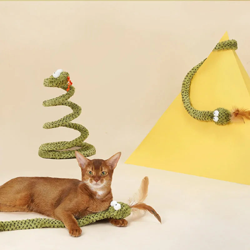 Green snake cat teasing stick with feather attachment measuring 140cm long