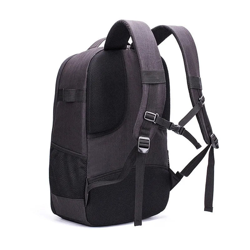 Black Oxford cloth drone backpack with 52cm × 34cm × 23cm dimensions showing multiple internal compartments