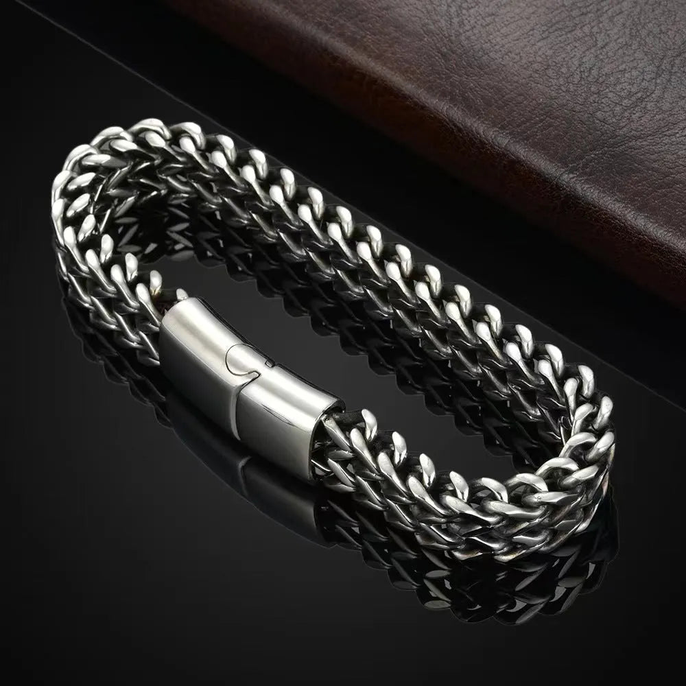 Silver titanium steel men's geometric link bracelet showing 4x8mm and 5x10mm size options.