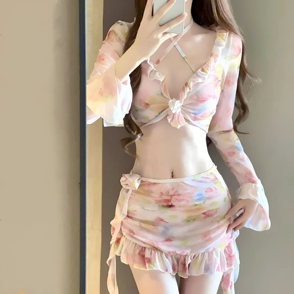 Women's floral bikini swimsuit in cherry blossom powder colour with polyester fabric