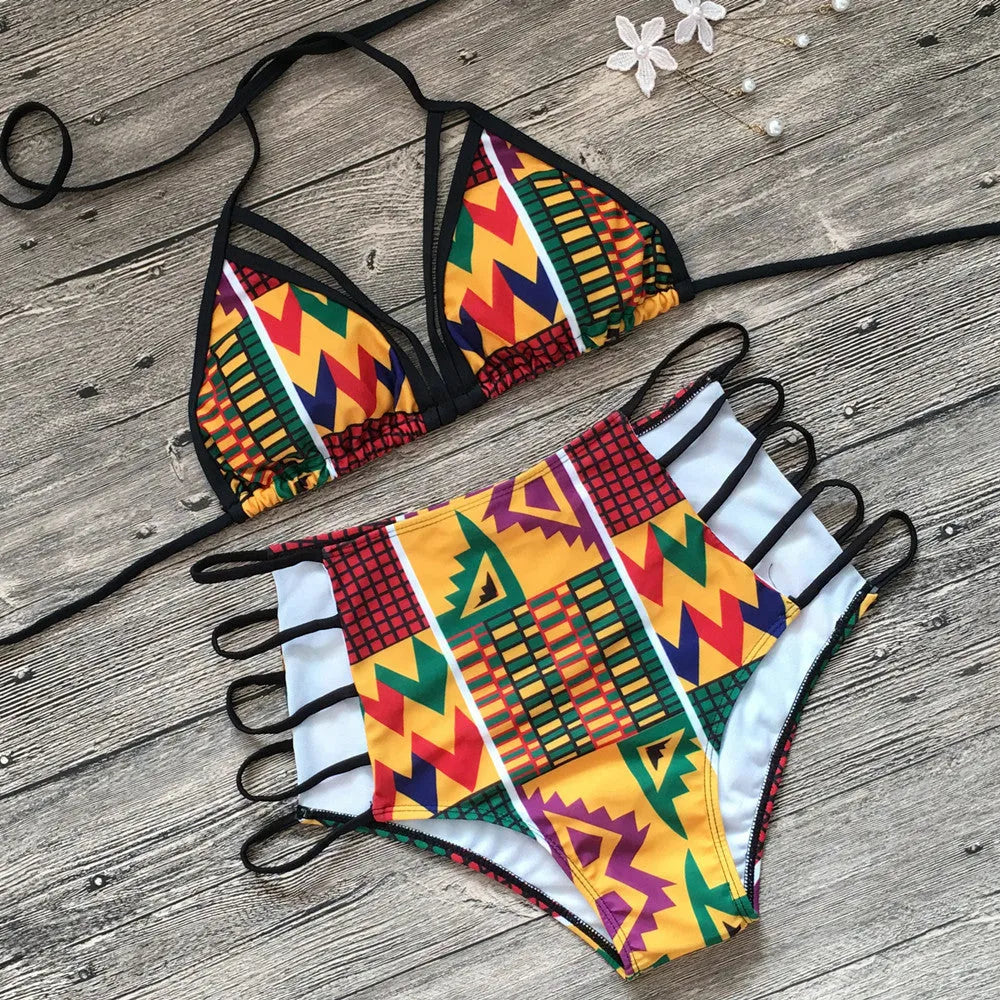 Women's digital print bikini swimsuit with high-waist briefs and backless top
