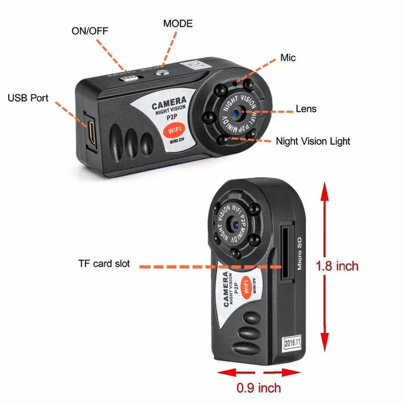 Black wireless network camera with lens, LCD screen, and Wifi for remote monitoring.