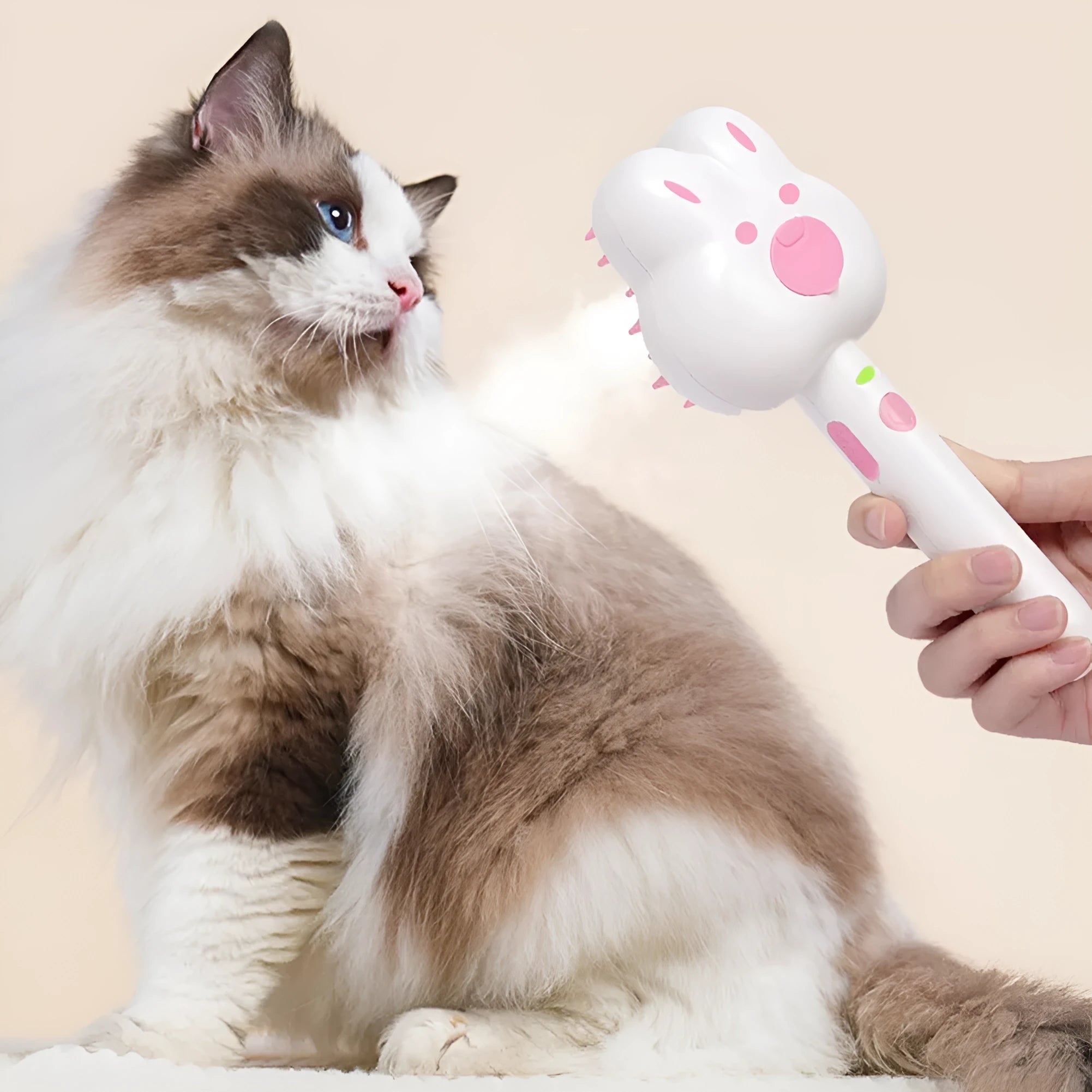 Cartoon design cat steam brush grooming tool with long handle and rounded brush teeth