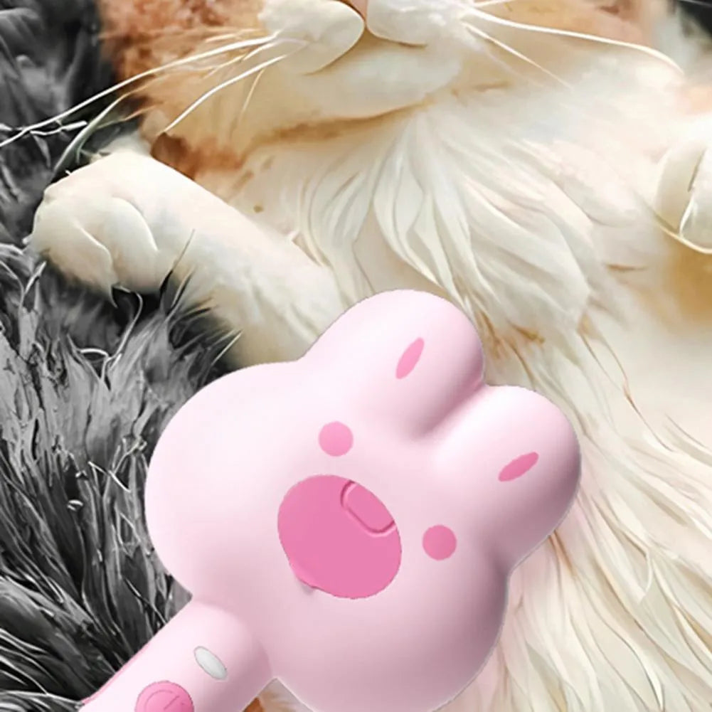 Cartoon design cat steam brush grooming tool with long handle and rounded brush teeth