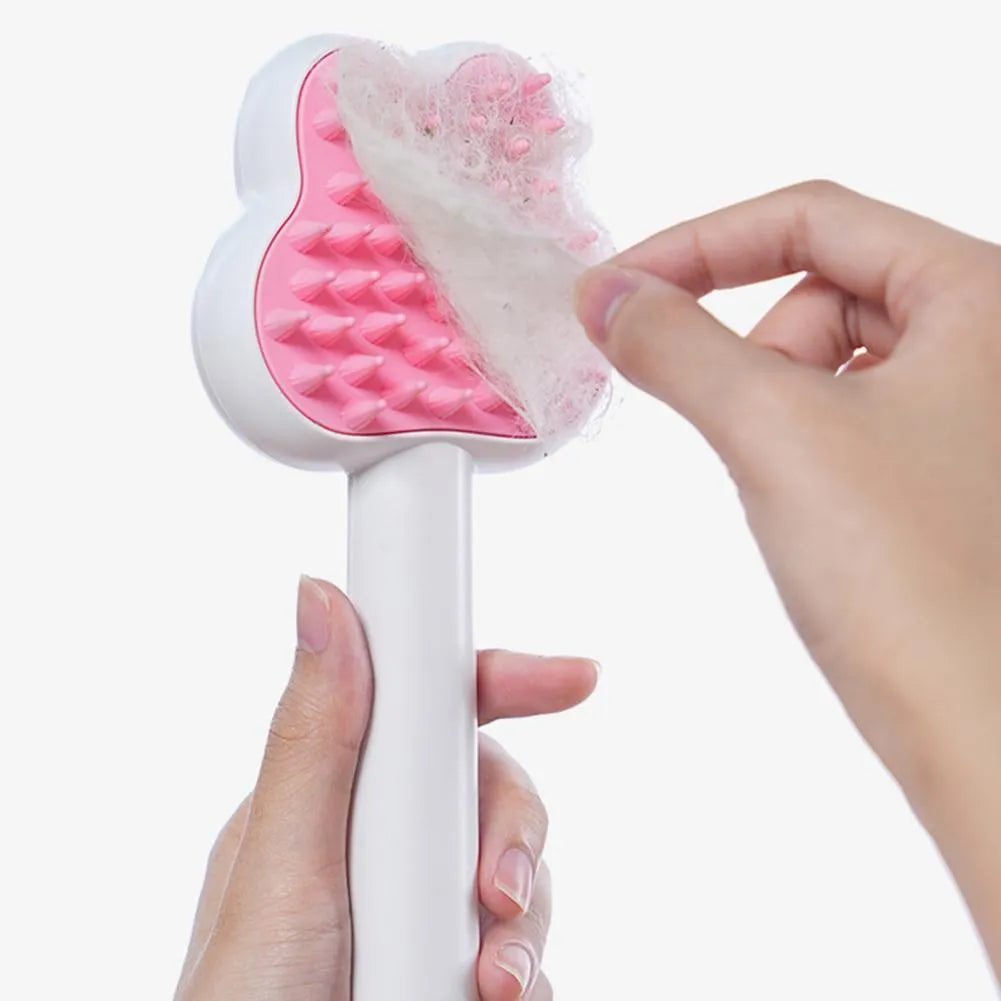 Cartoon design cat steam brush grooming tool with long handle and rounded brush teeth