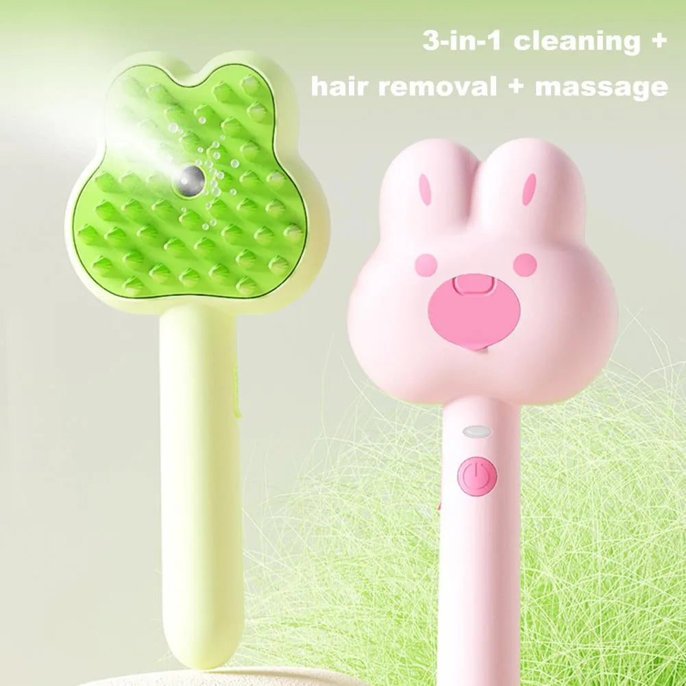 Cartoon design cat steam brush grooming tool with long handle and rounded brush teeth