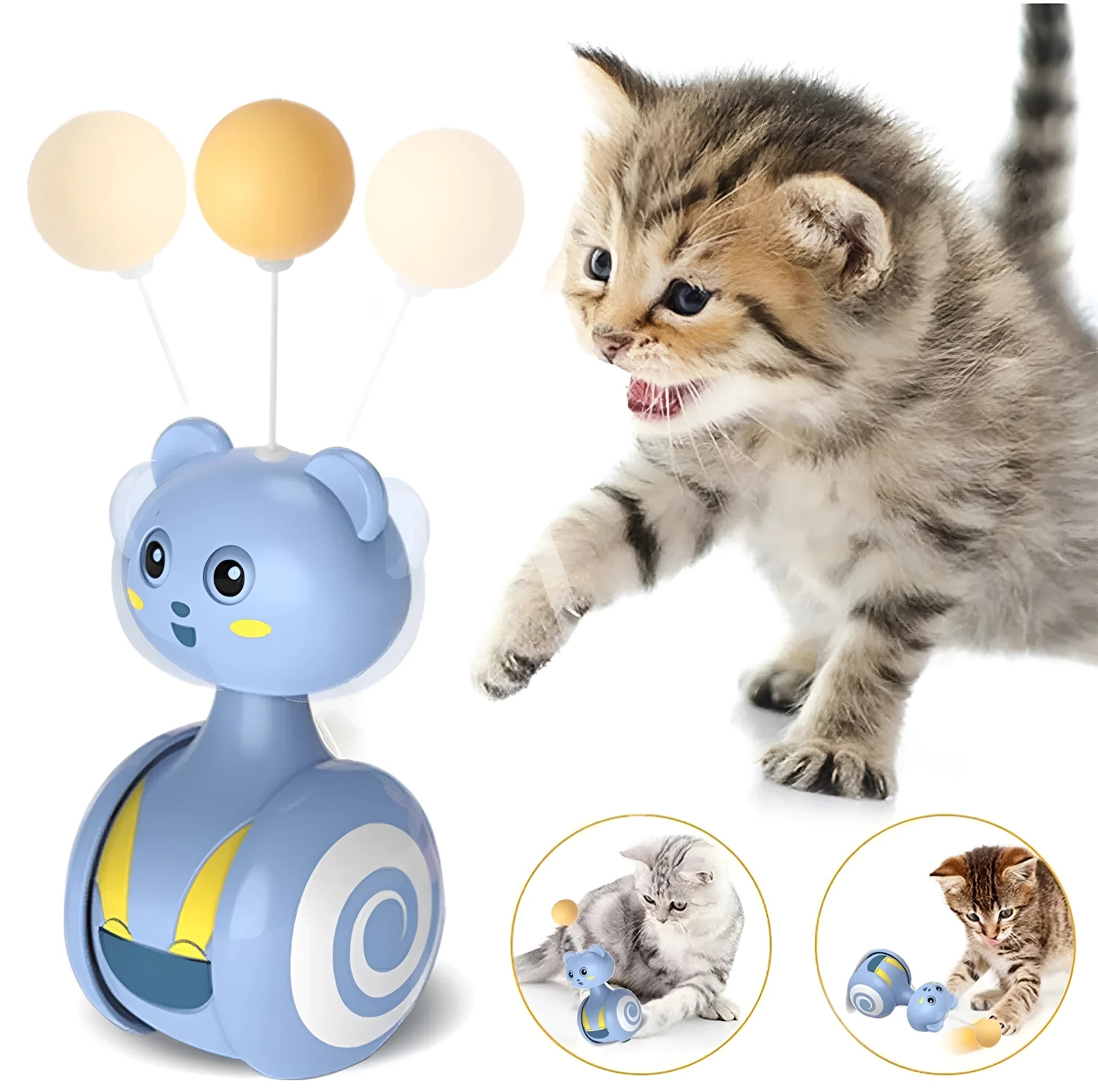 Pink and blue cat tumbler toys with feather lures and rolling balls on a wooden floor.