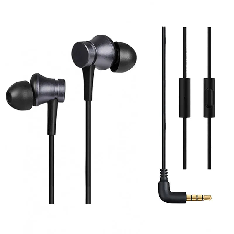 Piston-style in-ear wired headphones with 3.5mm jack in black, blue, and red colour options.