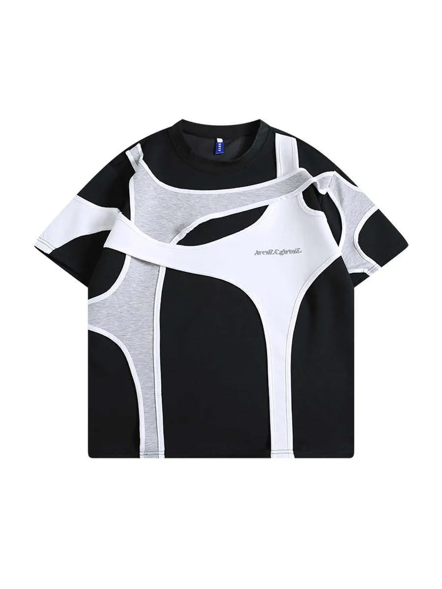 Double-layer stitched padded shoulder strap T-shirt in black loose fit with round neck collar