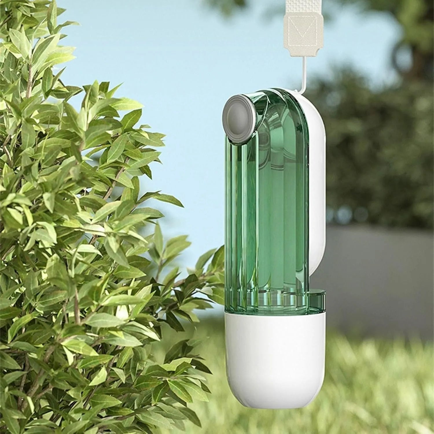 Beige or green foldable dog water bottle and food dispenser for outdoor walking and hiking