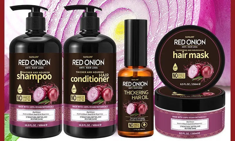 Red Onion Shampoo and Conditioner 4-piece hair care kit with shampoo, conditioner, mask and essential oil.