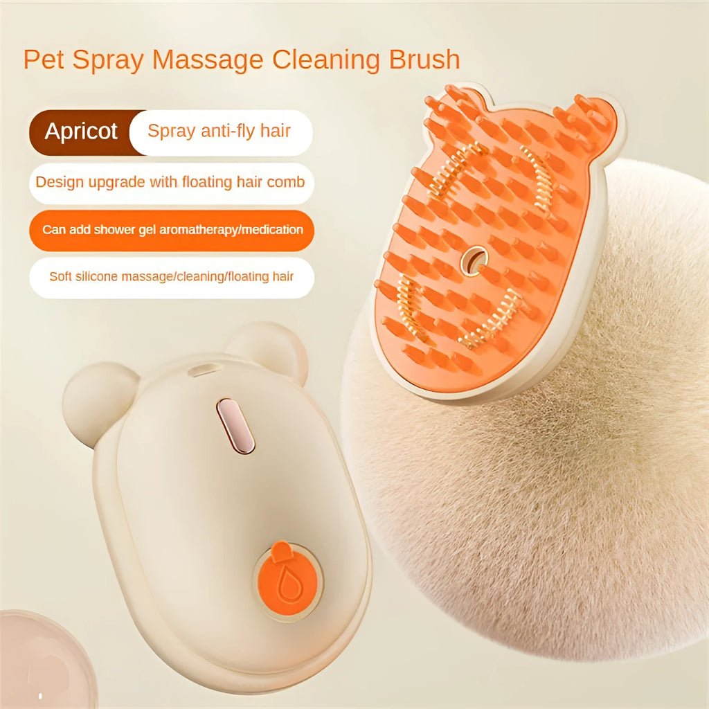 Pink rechargeable pet grooming brush with spray function and removable silicone comb head