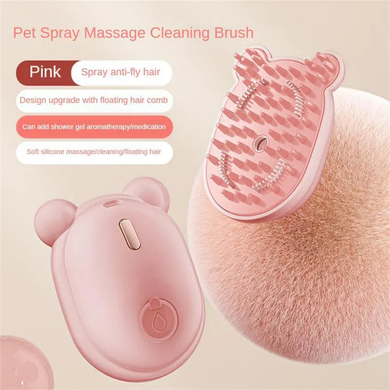 Pink rechargeable pet grooming brush with spray function and removable silicone comb head