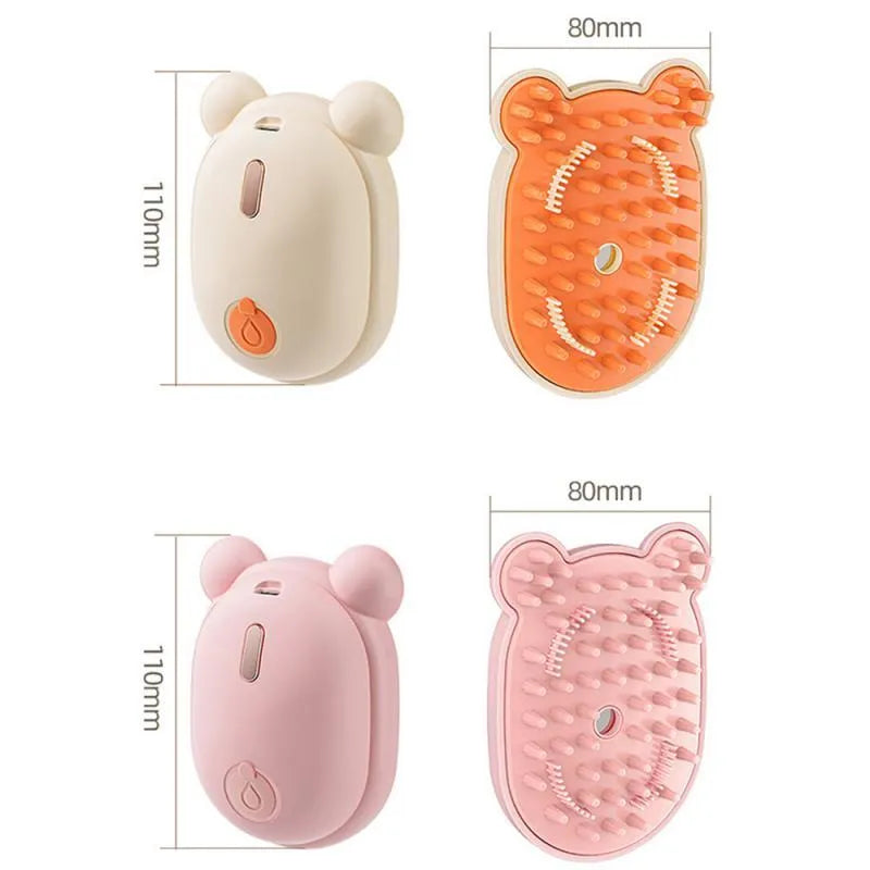 Pink rechargeable pet grooming brush with spray function and removable silicone comb head