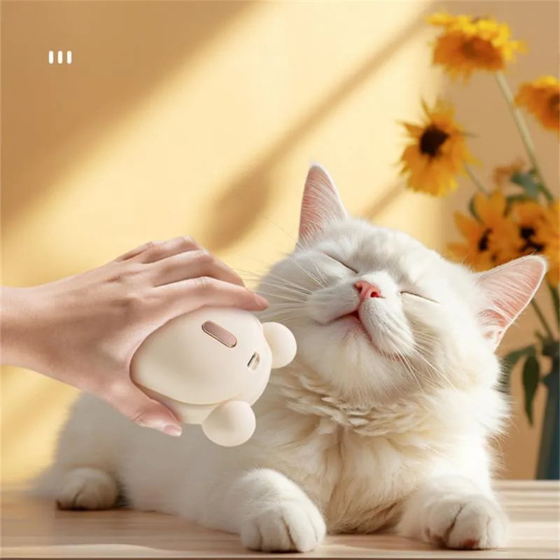 Pink rechargeable pet grooming brush with spray function and removable silicone comb head