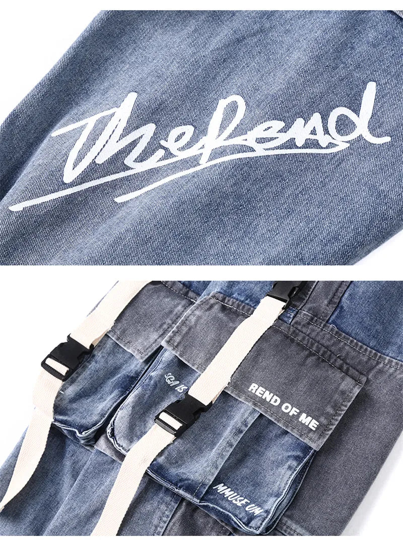 Men's loose hip-hop workwear jeans in gray blue, 99% polyester, size 2XL shown