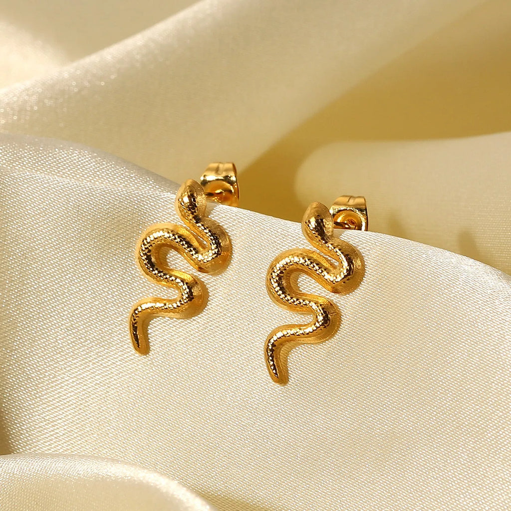 Gold snake stud earrings for women, 18K gold plated stainless steel, INS style, 1 pair