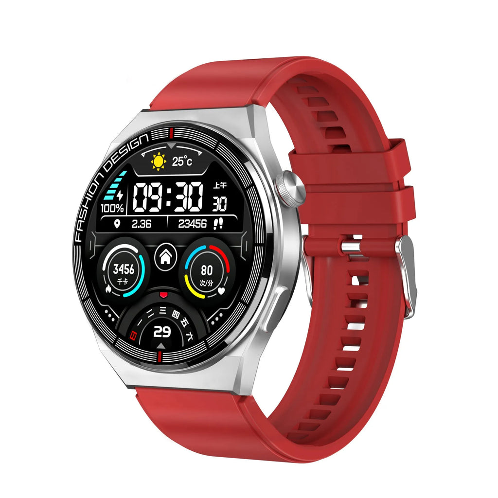 Black Bluetooth smartwatch with heart rate monitor on a silicone strap, showing its 1.28-inch touch screen.