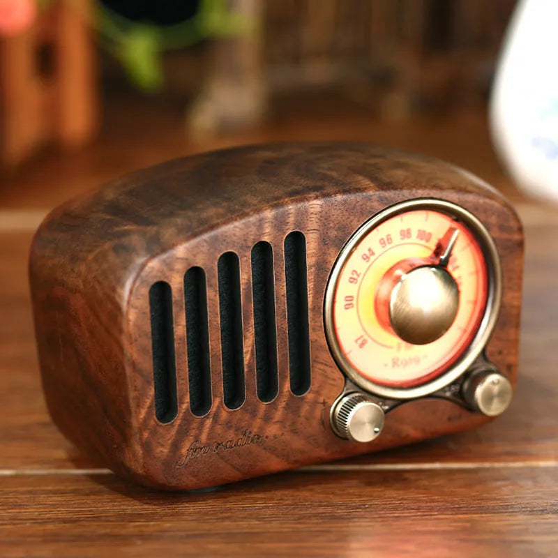 Retro wooden wireless mini speaker in cherry wood or walnut finish with compact design