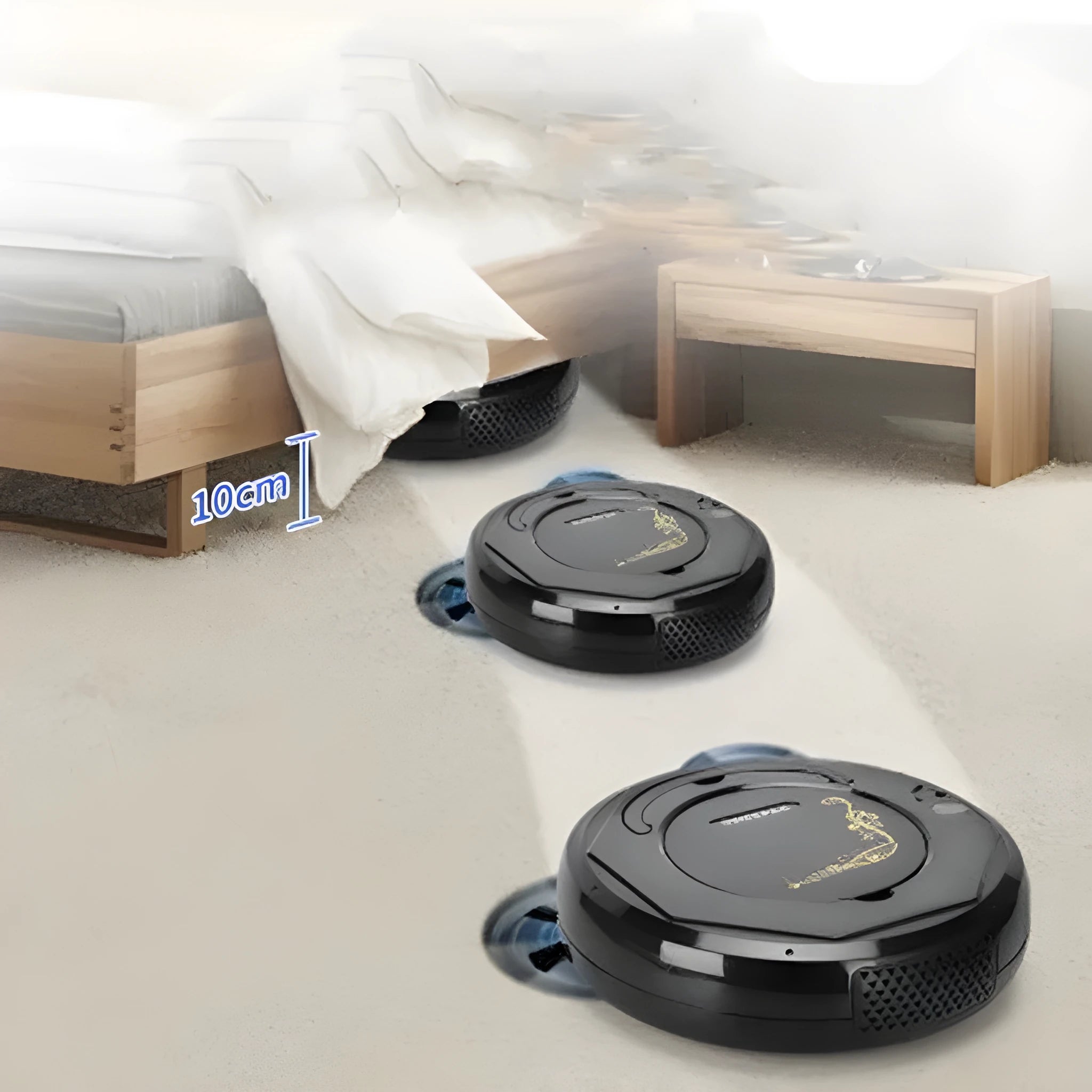 Lazy Smart floor sweeping robot vacuum cleaner in black, blue, or white on a hard floor.