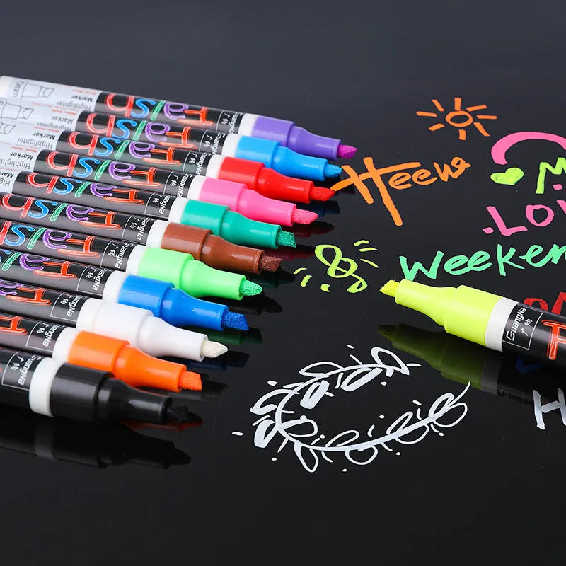 Electronic fluorescent plate highlighter pen with 6mm tip, plastic oblique body, shown with multi-colour refill set.