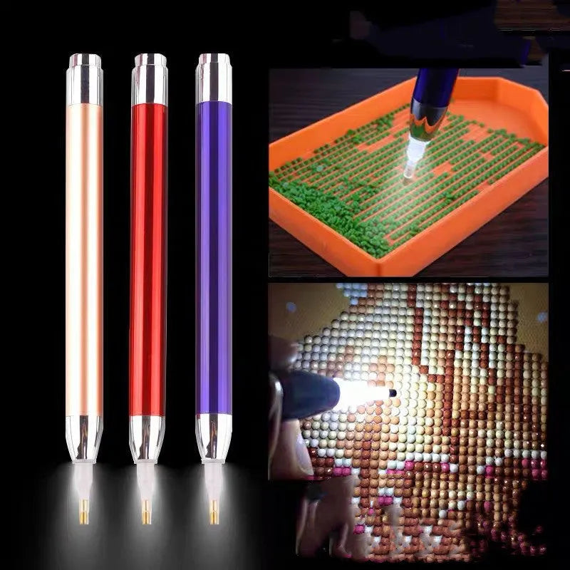 Luminous diamond painting drill pen in aluminium alloy with gold, red, or blue tip