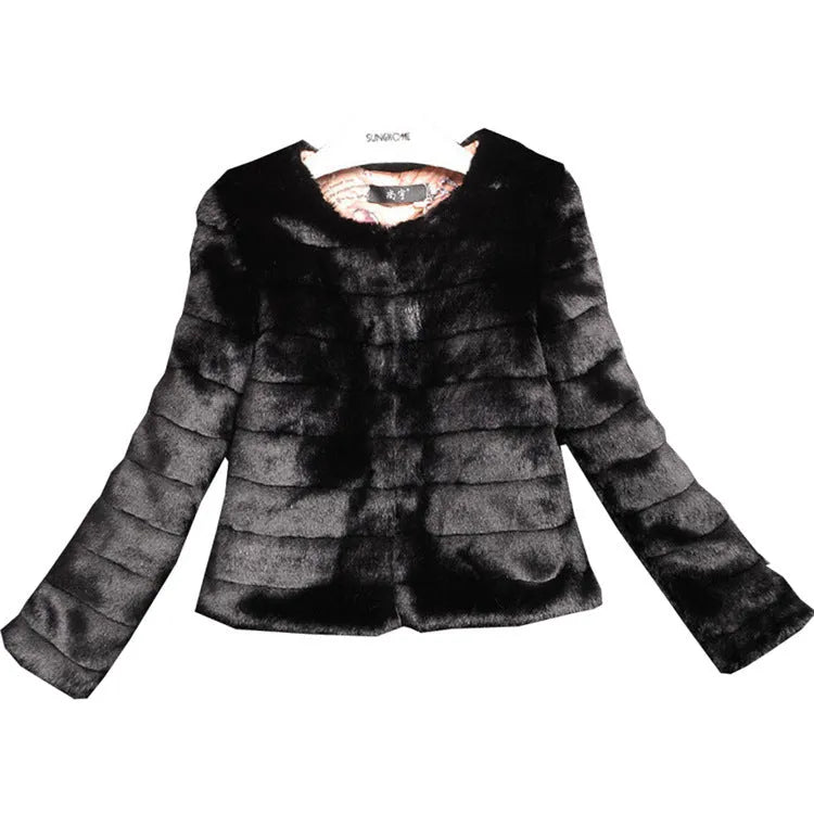 Women's short length faux fur top in beige, shown on a model for street fashion.