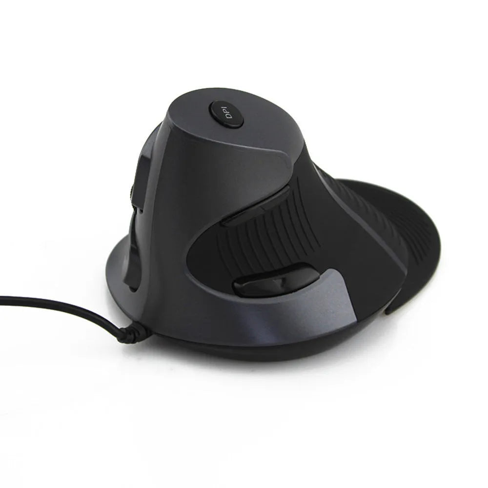 Black and white ergonomic vertical wired mouse for right-handed desktop computer use.