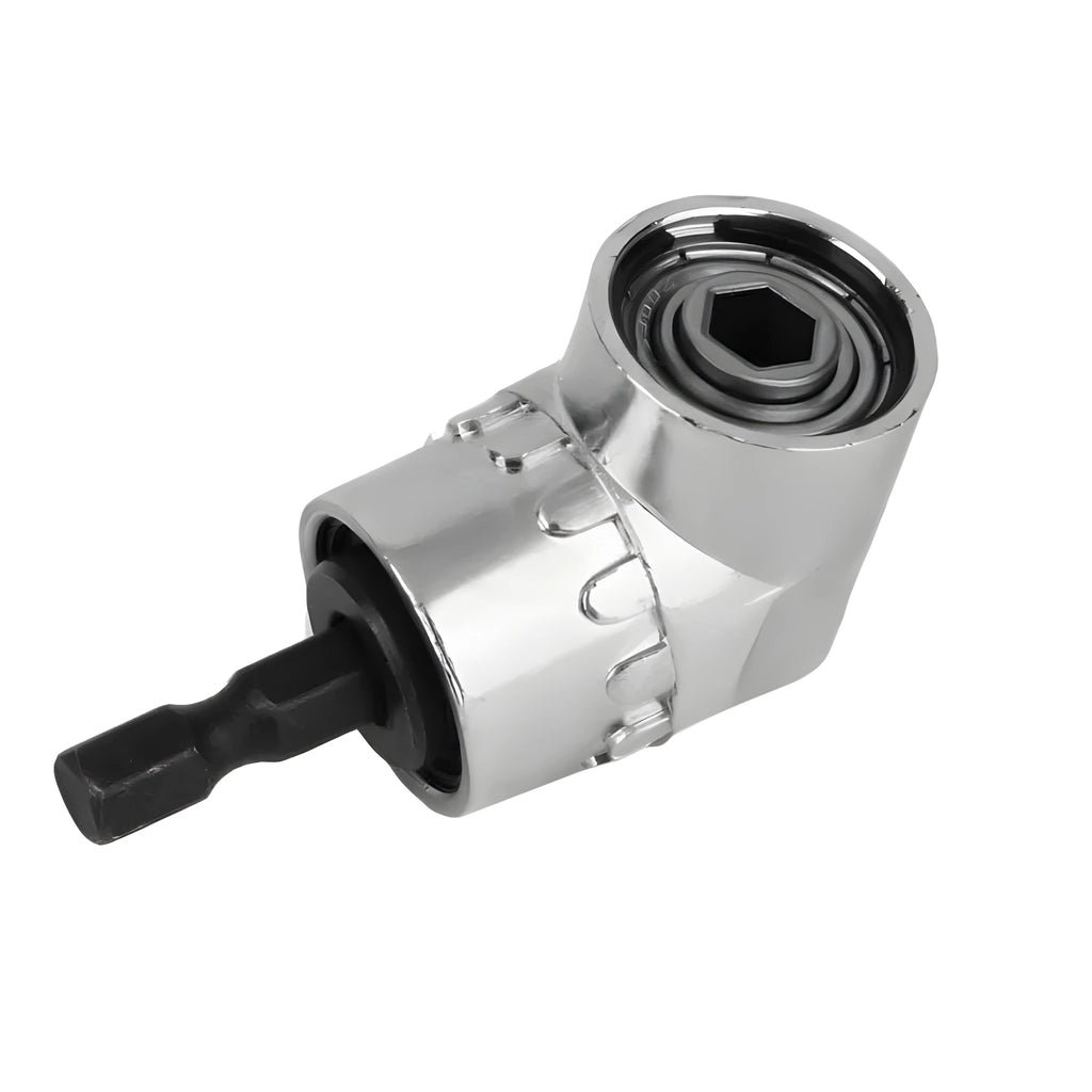 Silver chrome vanadium steel flexible screwdriver bit extension with 105-degree angle head and quick-release handle.