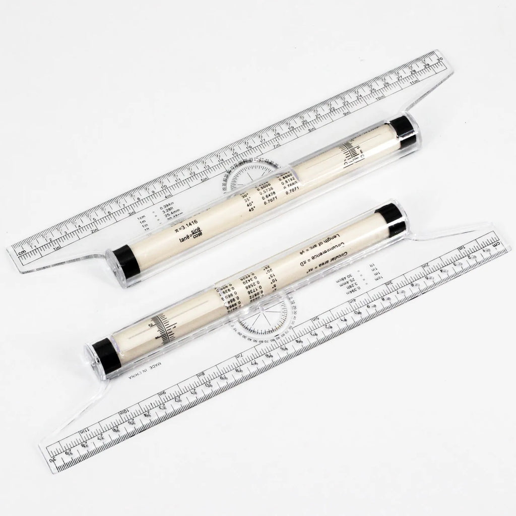30cm plastic rolling ruler with calibrated rollers, angle and arc rapporteur, magnifying glass, and vertical line holes.