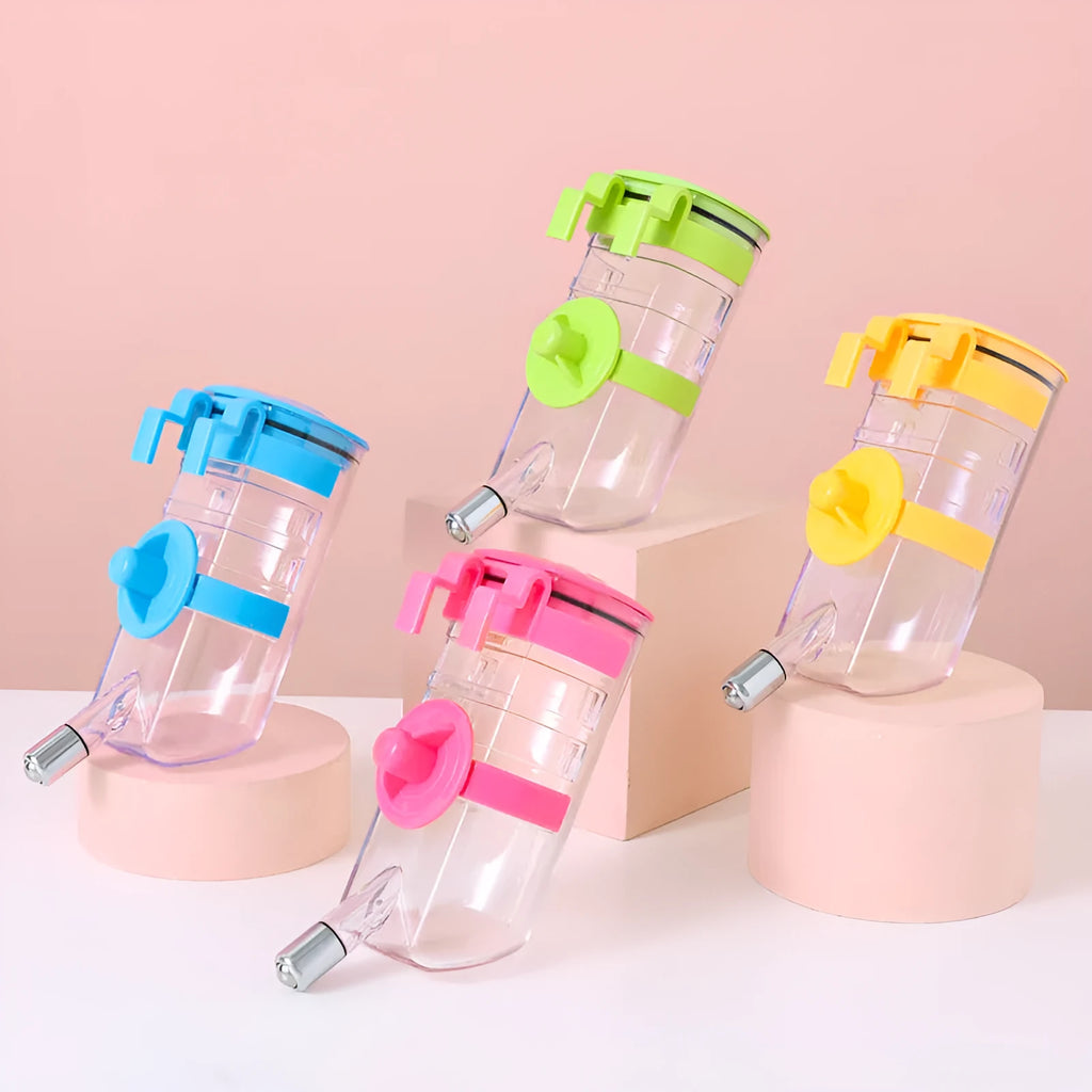 No drip dog kennel water bottle dispenser in blue, green, pink, or yellow, BPA-free plastic, for crates and cages