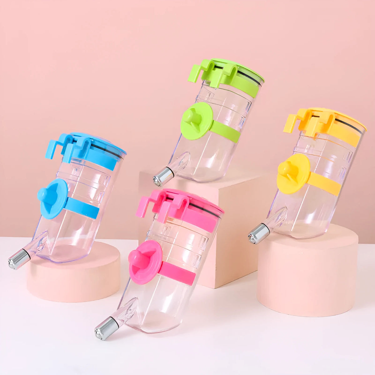 No drip dog kennel water bottle dispenser in blue, green, pink, or yellow, BPA-free plastic, for crates and cages