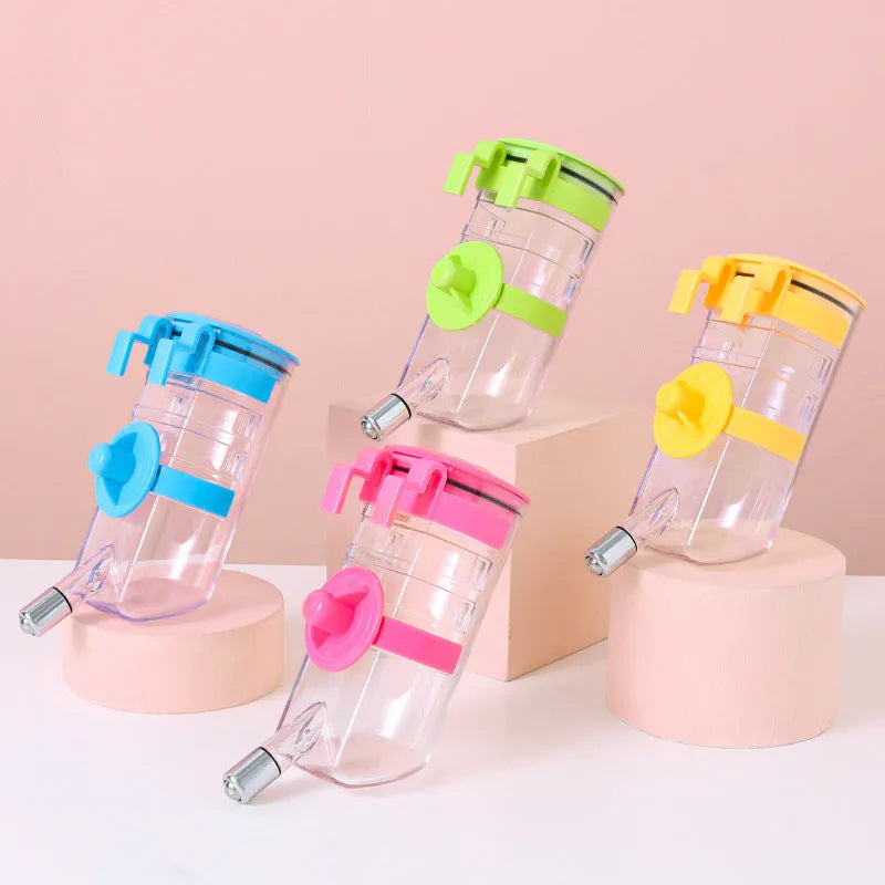 No drip dog kennel water bottle dispenser in blue, green, pink, or yellow, BPA-free plastic, for crates and cages