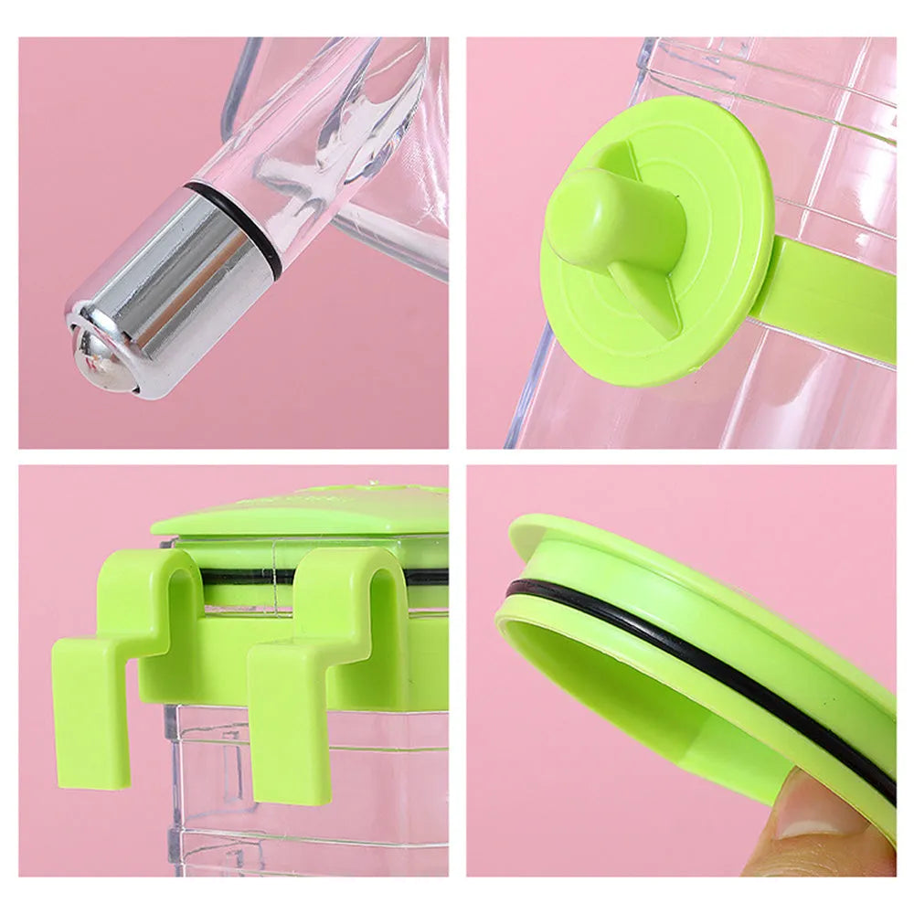 No drip dog kennel water bottle dispenser in blue, green, pink, or yellow, BPA-free plastic, for crates and cages