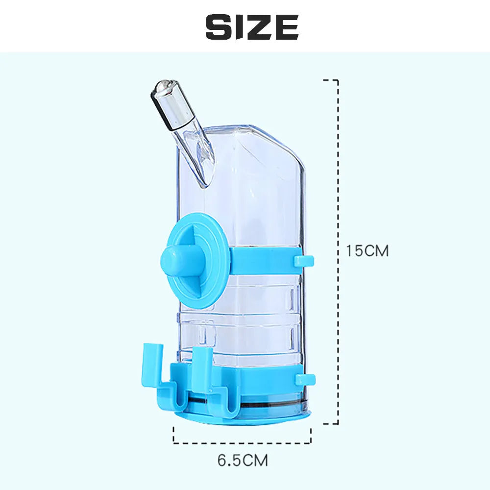 No drip dog kennel water bottle dispenser in blue, green, pink, or yellow, BPA-free plastic, for crates and cages