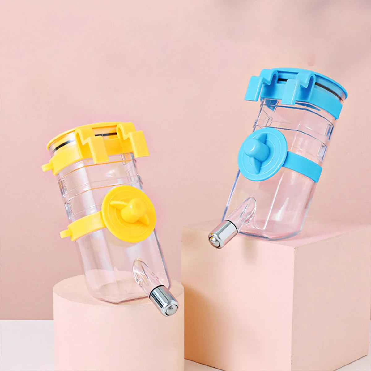 No drip dog kennel water bottle dispenser in blue, green, pink, or yellow, BPA-free plastic, for crates and cages