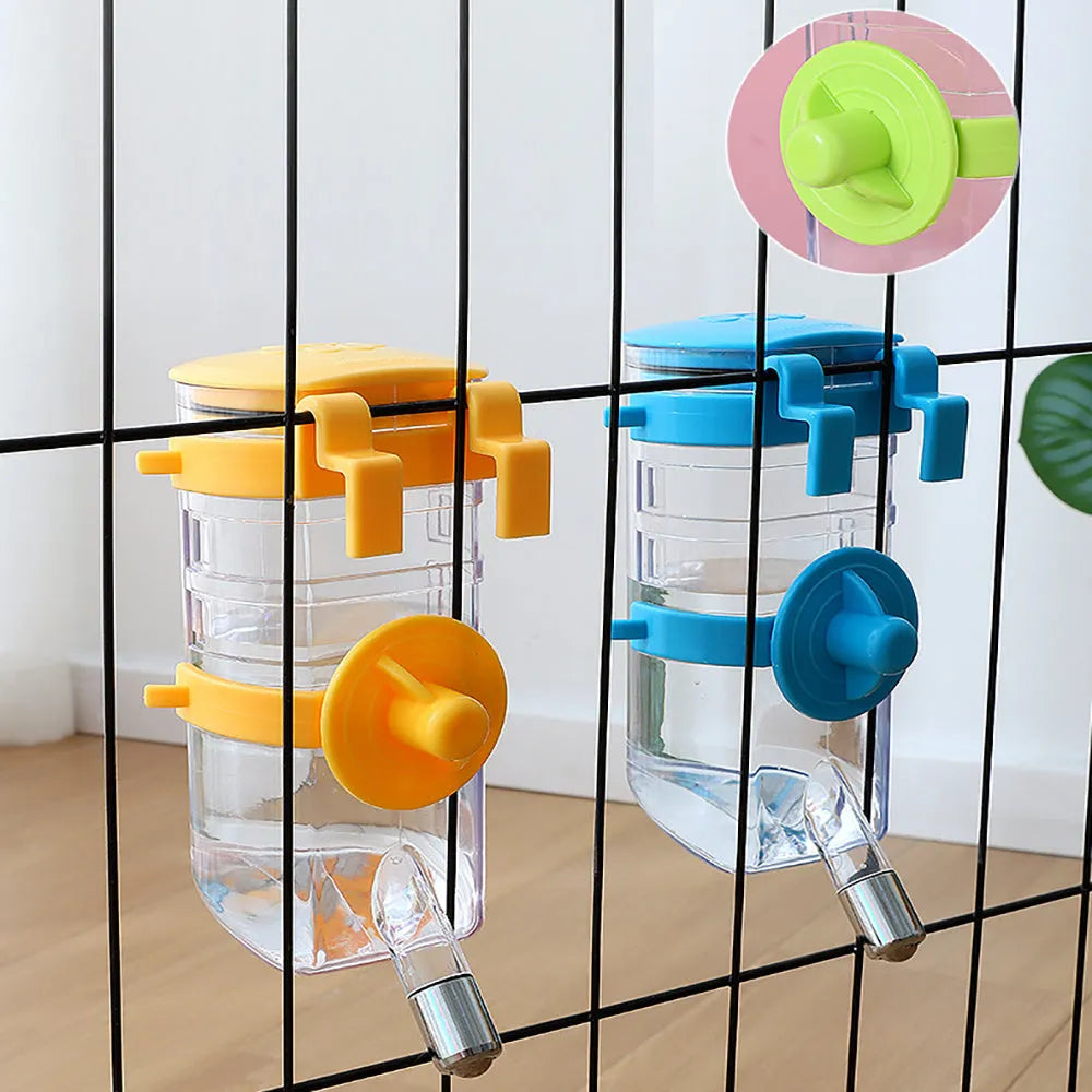 No drip dog kennel water bottle dispenser in blue, green, pink, or yellow, BPA-free plastic, for crates and cages