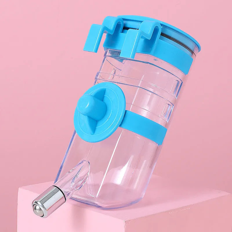 No drip dog kennel water bottle dispenser in blue, green, pink, or yellow, BPA-free plastic, for crates and cages