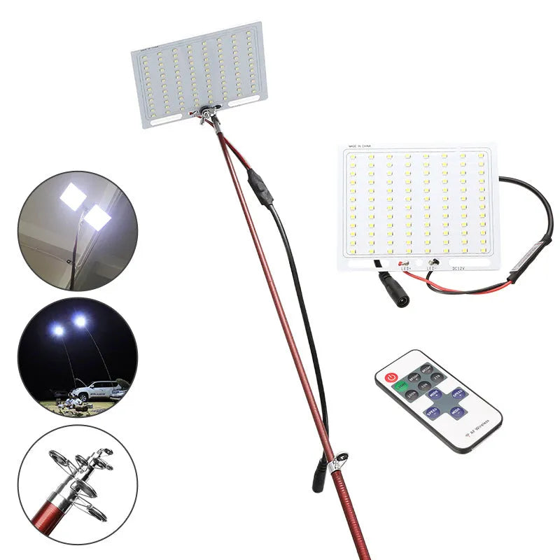 White LED fishing rod light on telescopic pole with remote controller for outdoor use